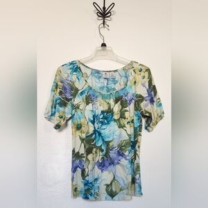 Caribbean Joe M Petite Women’s Multicolor Floral Top Embroidered Pleated…